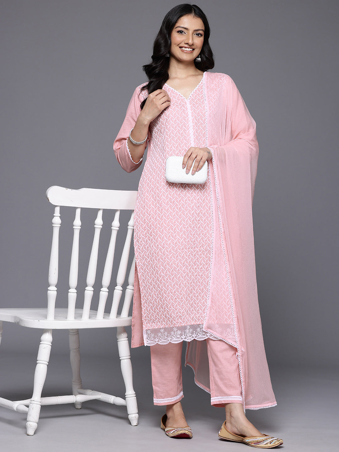 Dhiyona VR Women's Peach V Neck Chickankari Embroidered Kurta With Tonal Bottom And Chiffon Dupatta