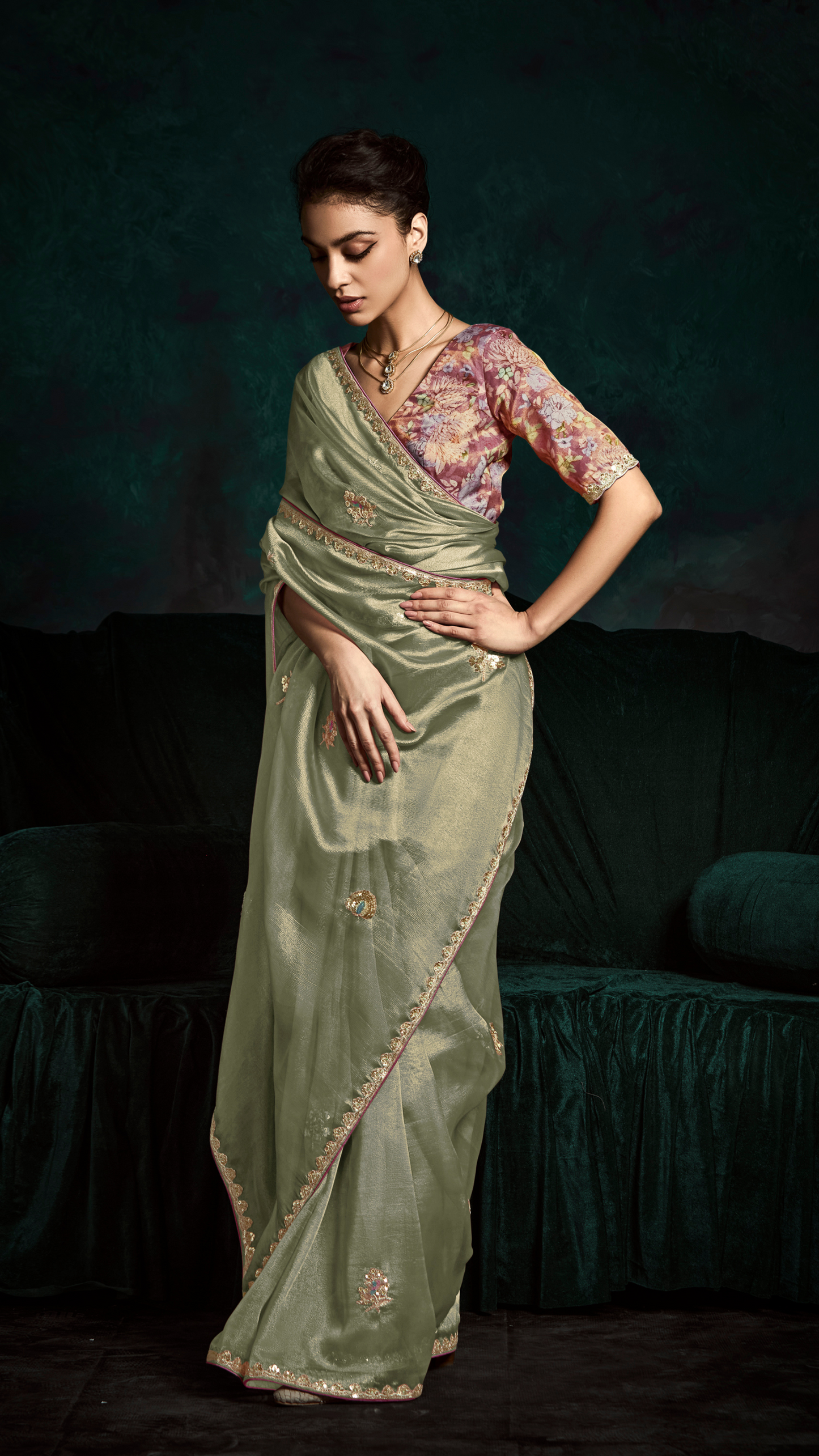 Dhiyona KM Women Sage Green Organza Silk Saree With Unstitched Floral Printed Blouse