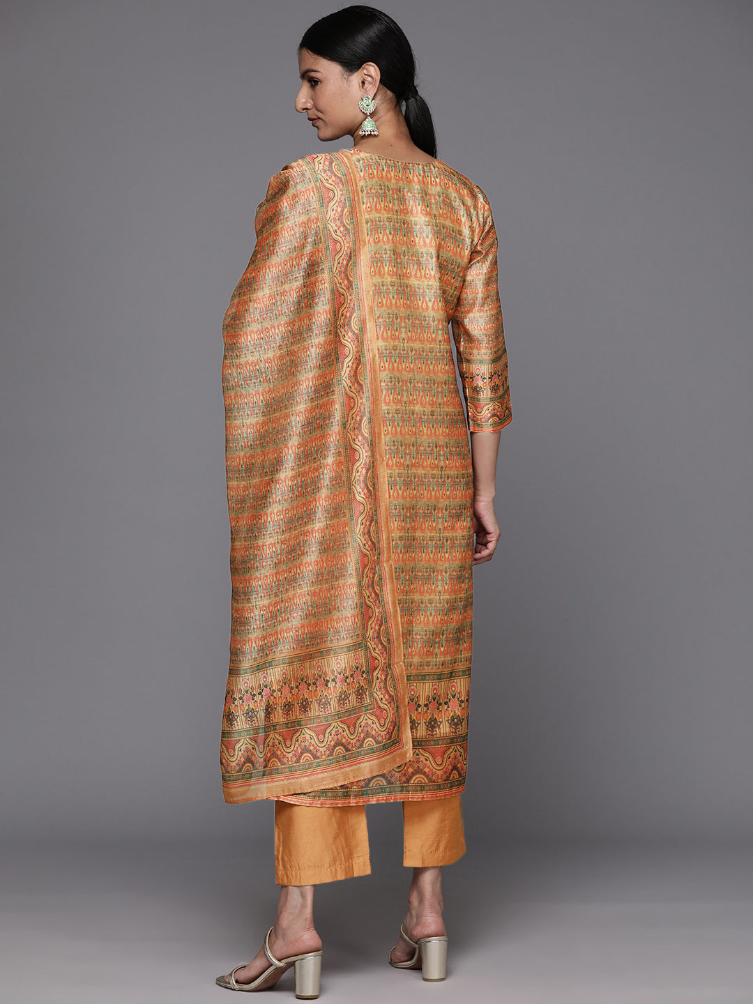 Dhiyona VR Women's Coral Printed, Straight Kurta Paired With Tonal Bottom And Printed Dupatta