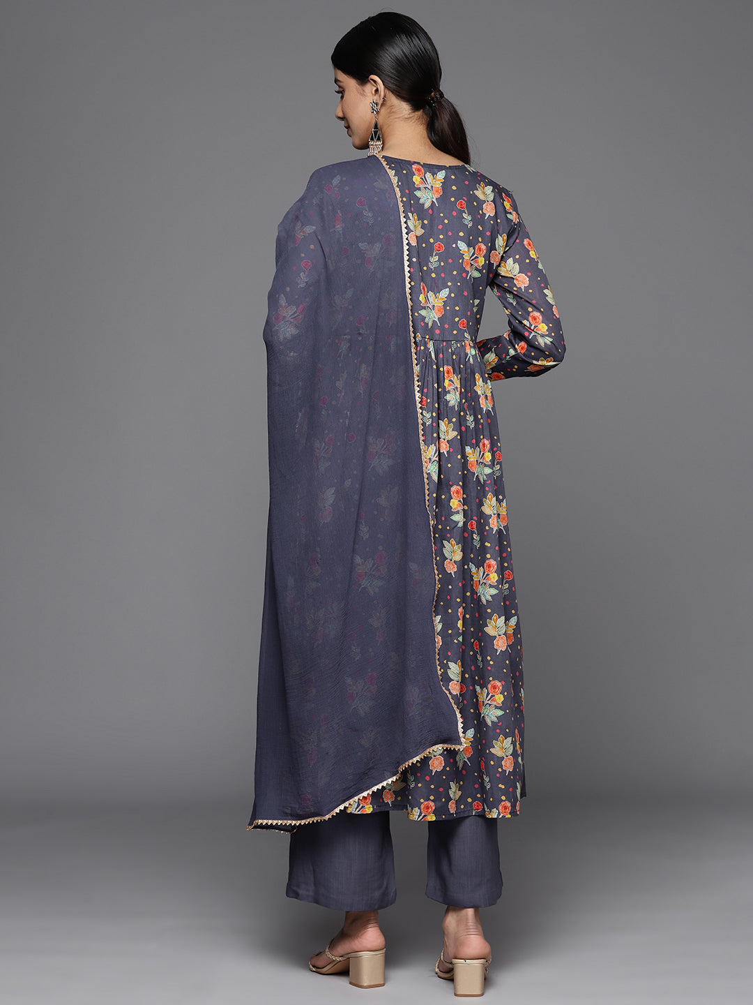 Dhiyona VR Women's Violet Sequin Embellished V-Neck A-Line Kurta Paired With Tonal Bottom Amd Dupatta