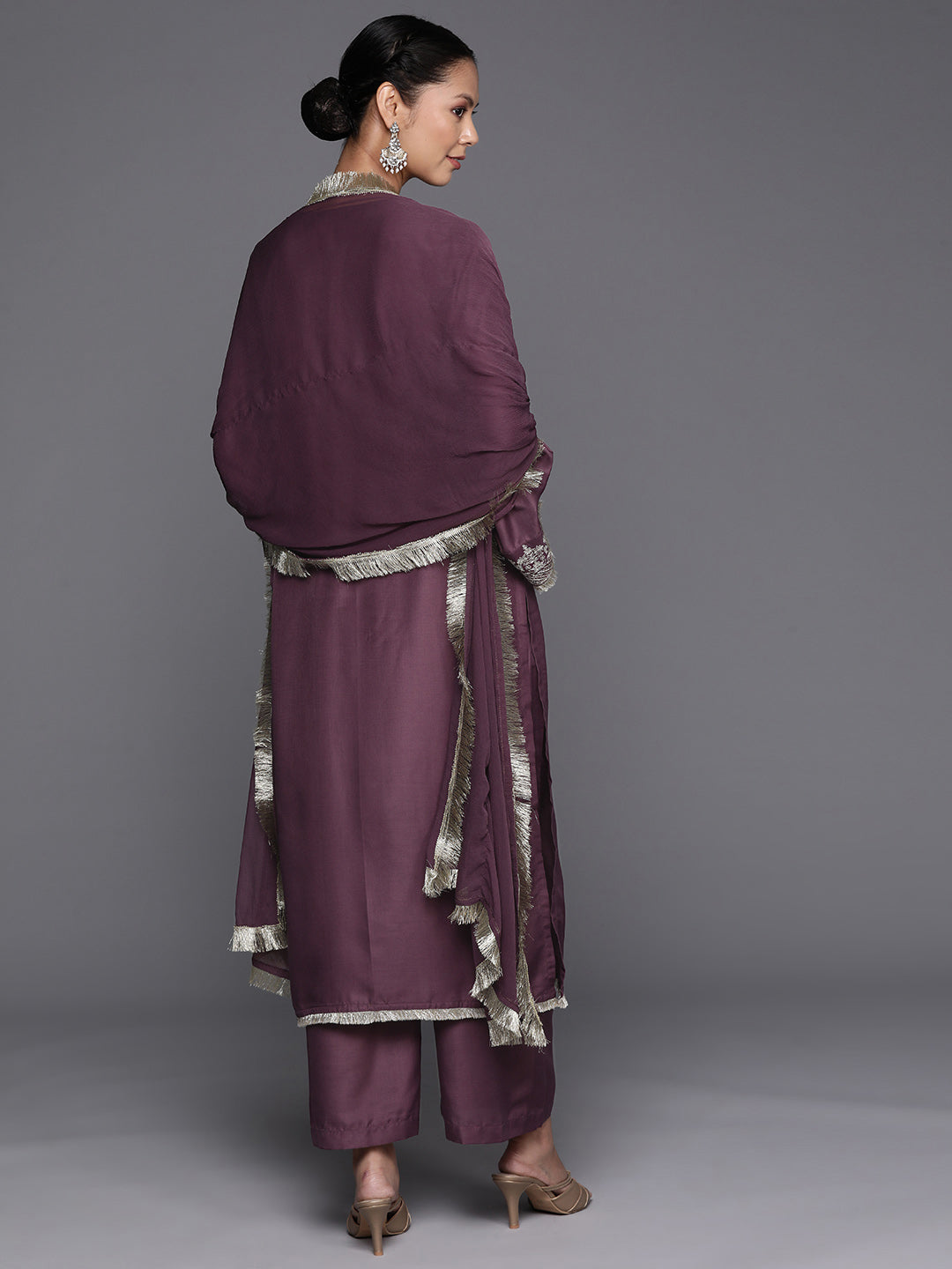 Dhiyona VR Women's Mauve V-Neck Yoke Embroidered Straight Kurta With Fringes Hem Paired With Tonal Bottom And Tonal Dupatta With Fringes