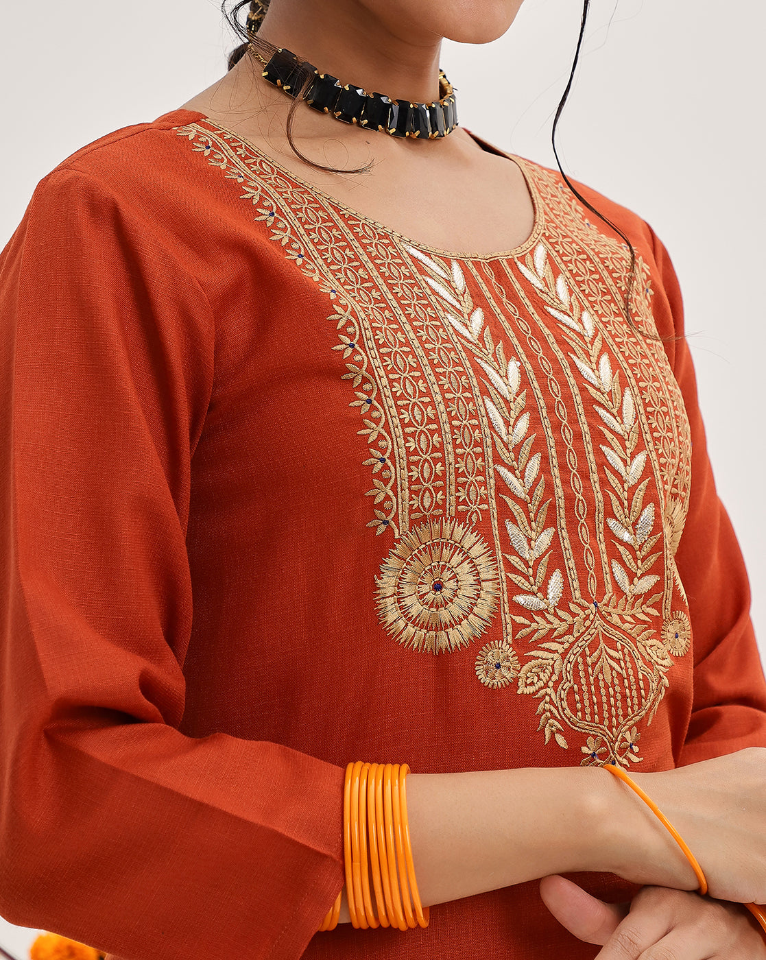 Dhiyona VR Women's Rust Yoke Embroidered Straight Kurta Paired With Tonal Bottom And Contrast Printed Dupatta