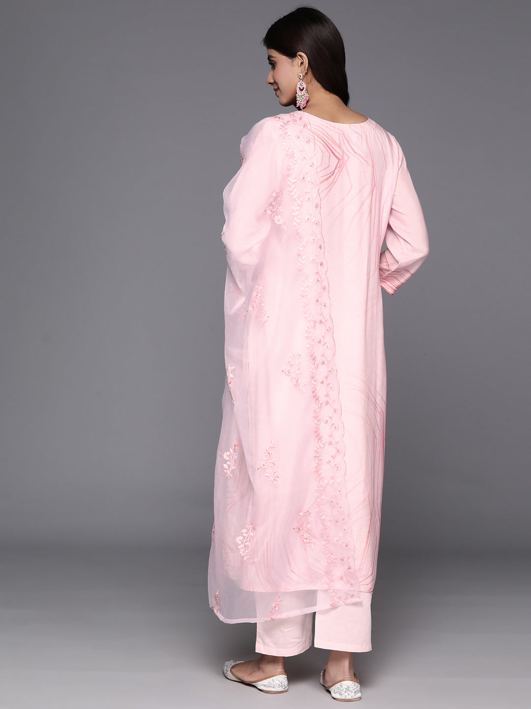 Dhiyona VR Women's Pink Abstract Straight Kurta Paired With Tonal Bottom And Organza Embroidered Dupatta