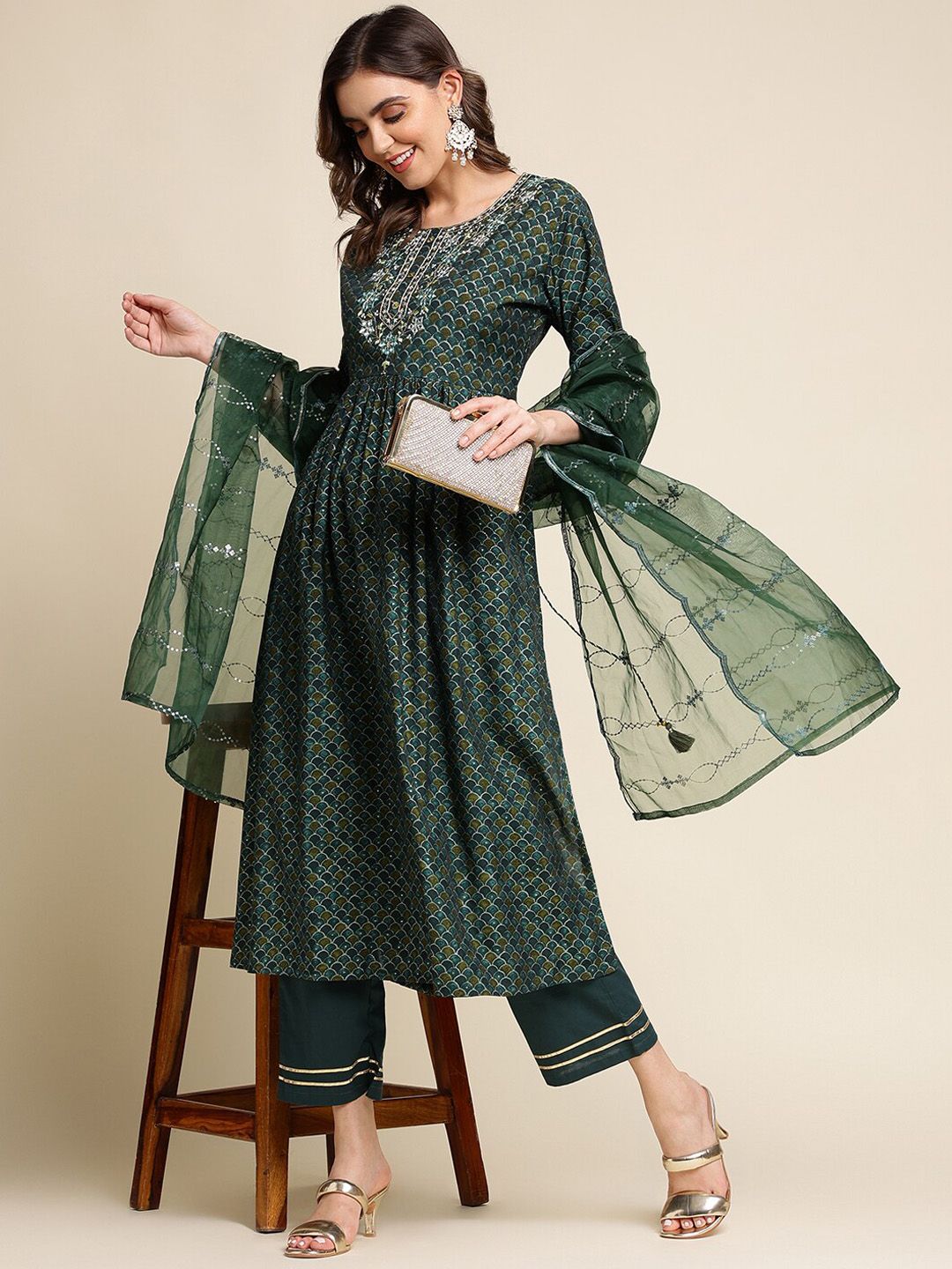 Dhiyona IS Women's Printed Green Empire Gotta Patti Pure Cotton Kurta with Trousers & Dupatta