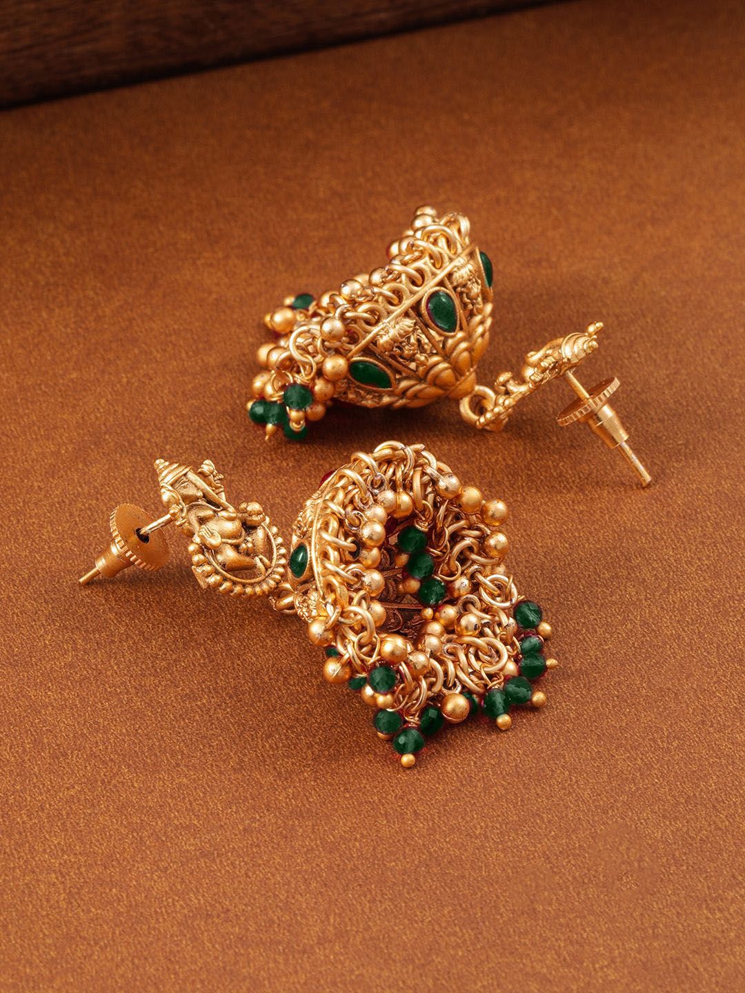 Dhiyona RJ Women's 18K Gold Plated Emerald Green Beaded Ganesha Temple Jhumka Earrings