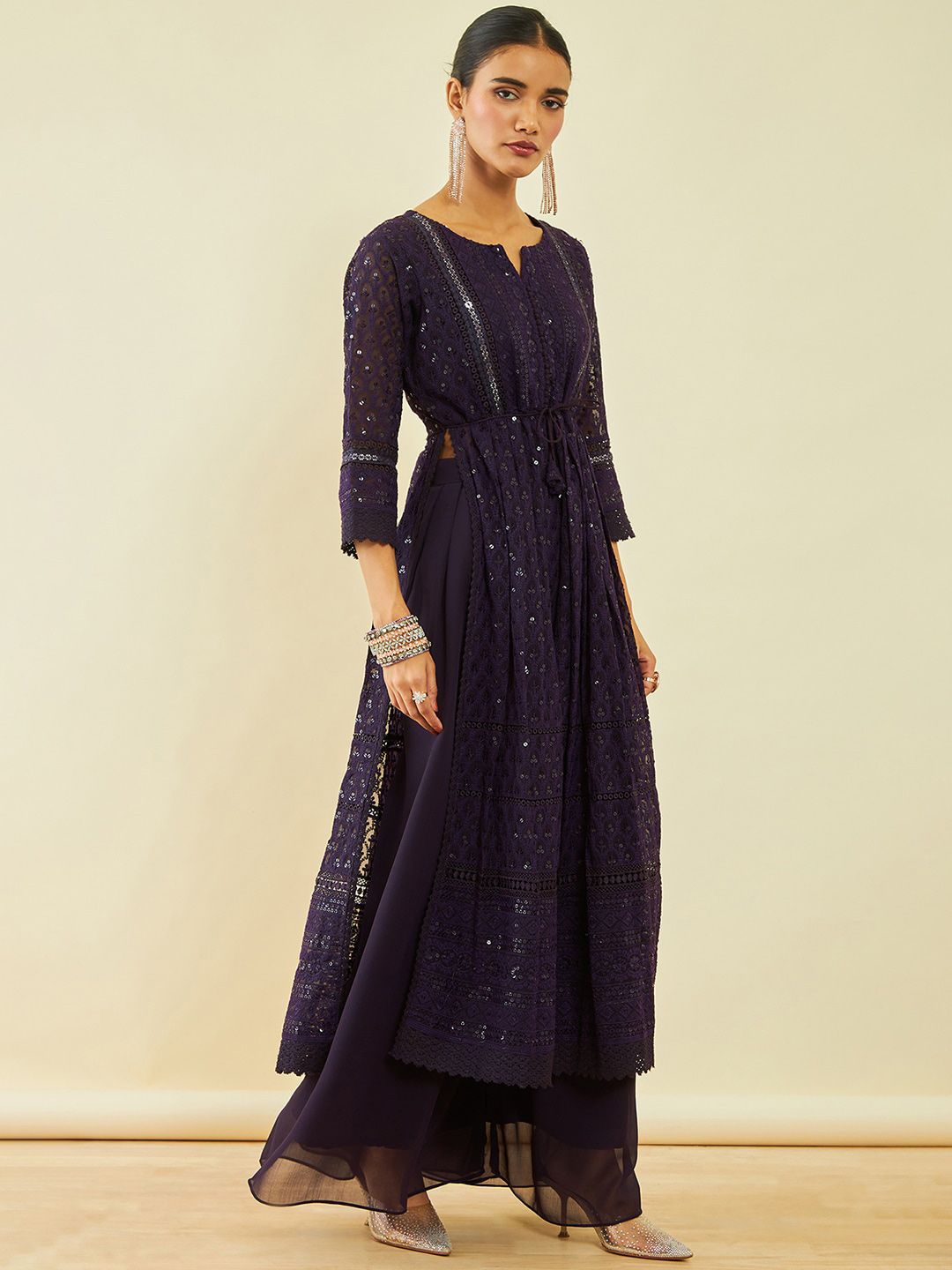 Dhiyona SO Women's Ethnic Motifs Embroidered Pleated Sequinned A-Line Kurta With Palazzos & Dupatta