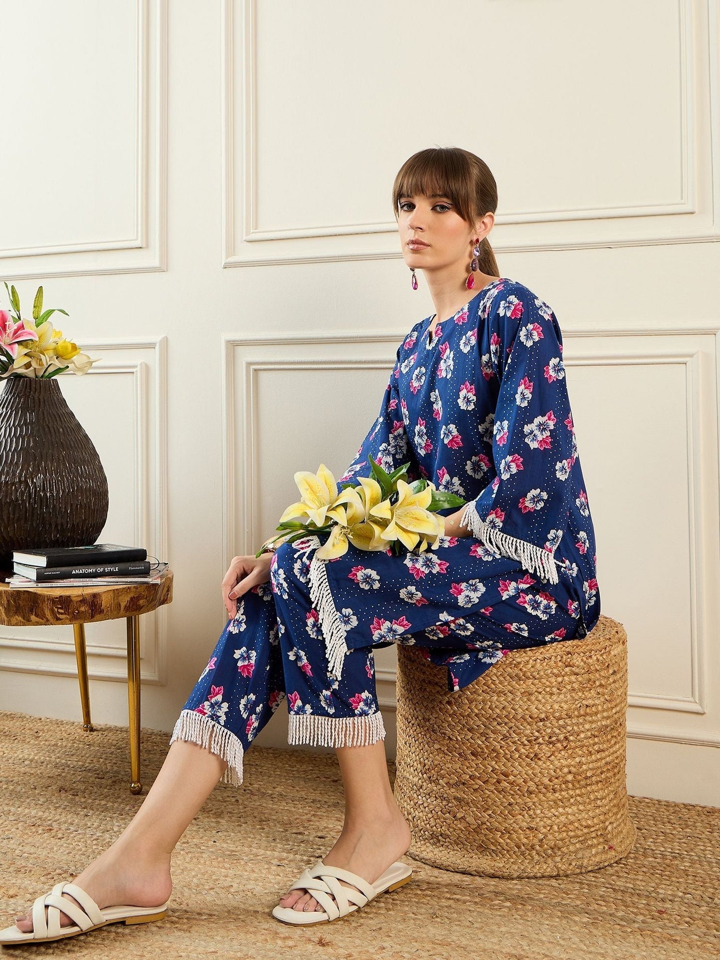 Dhiyona IE Floral Printed Pure Cotton Notch Neck Straight Kurta With Trousers