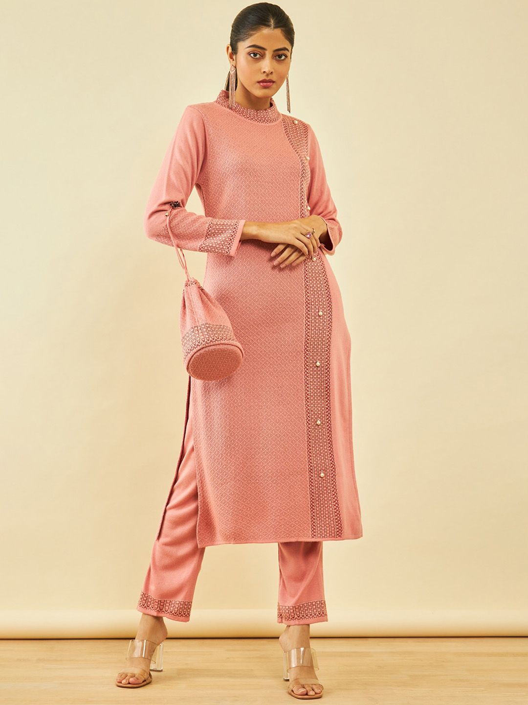 Dhiyona SO Women's Pink Self Design Regular Straight Kurta & Trousers With Potli Bag
