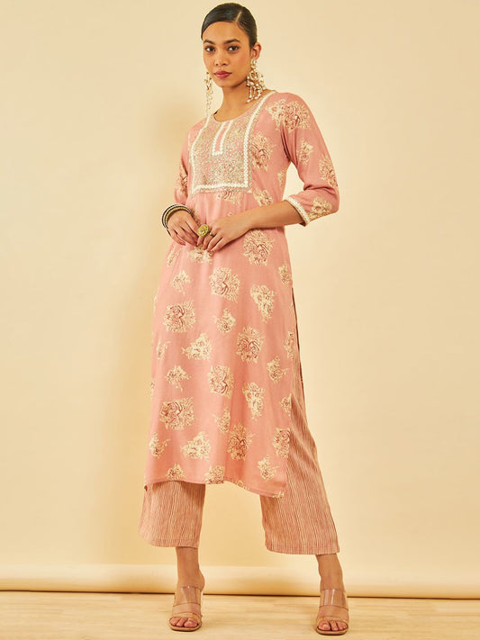 Dhiyona SO Women's Floral Embroidered Regular Thread Work Kurta with Trousers