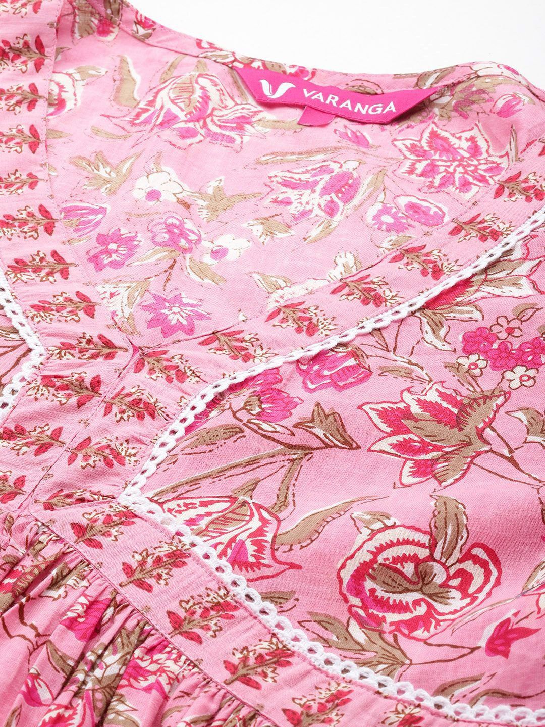 Dhiyona VA Women's Floral Printed Empire Pure Cotton Kurta with Trousers & With Dupatta