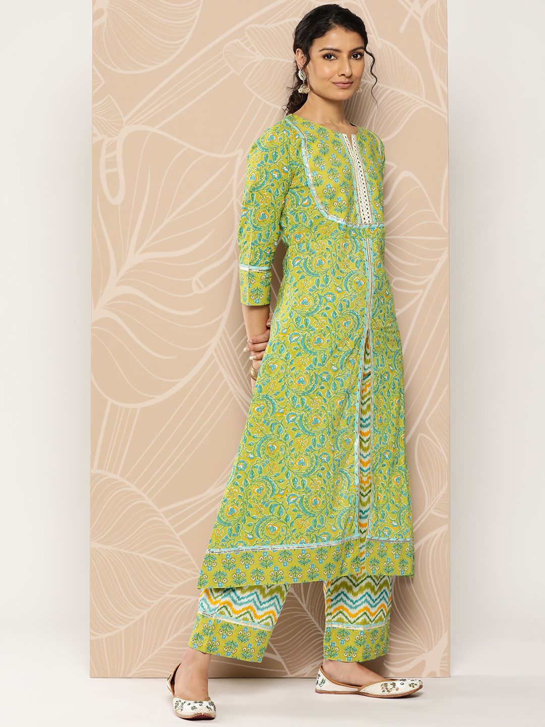 Dhiyona VA Women'sFloral Printed Mirror Work Pure Cotton Kurta With Palazzos & Dupatta
