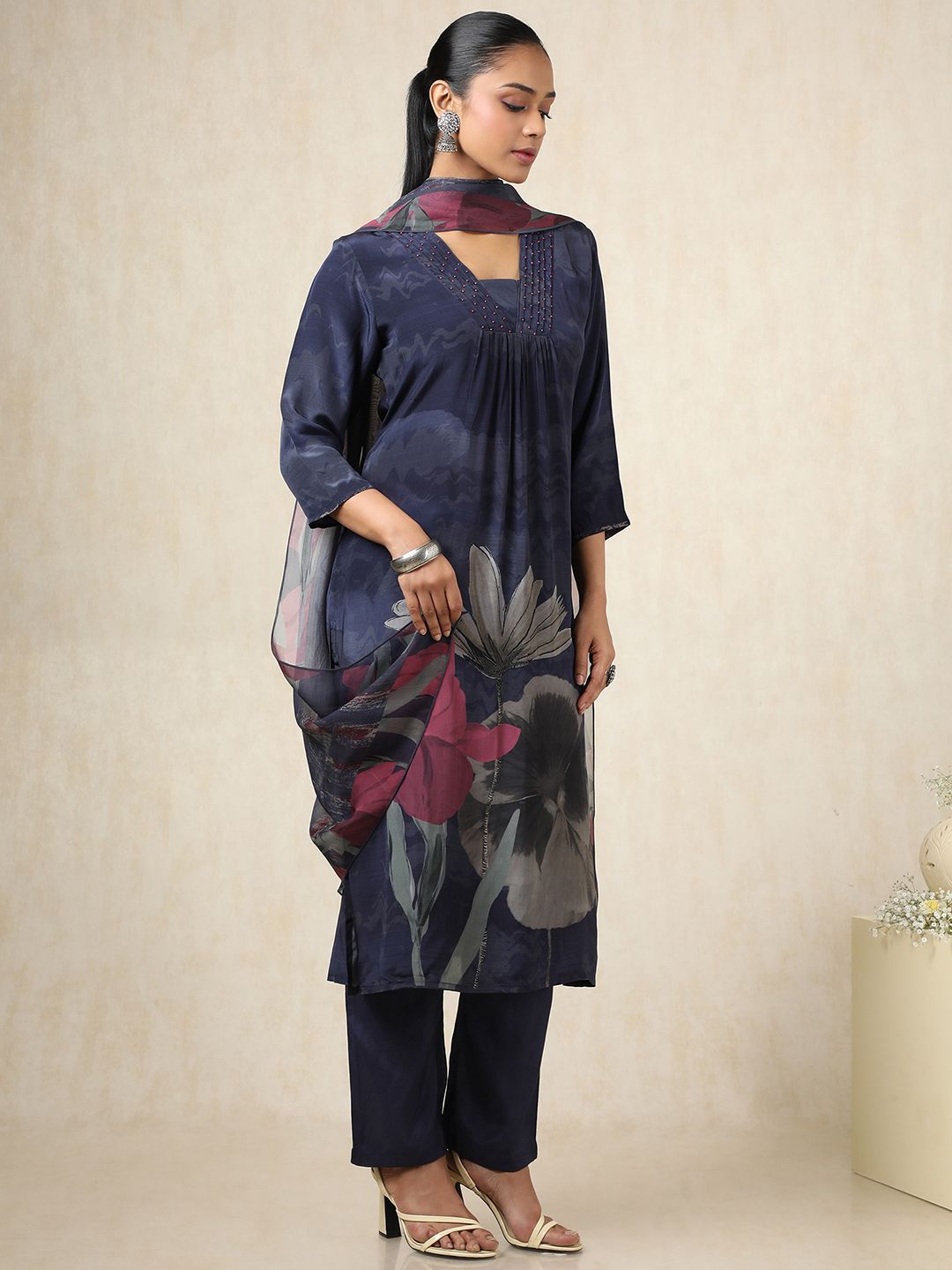 Dhiyona SO Women's Floral Printed Square Neck Beads and Stones Silk Empire Kurta With Trousers & Dupatta