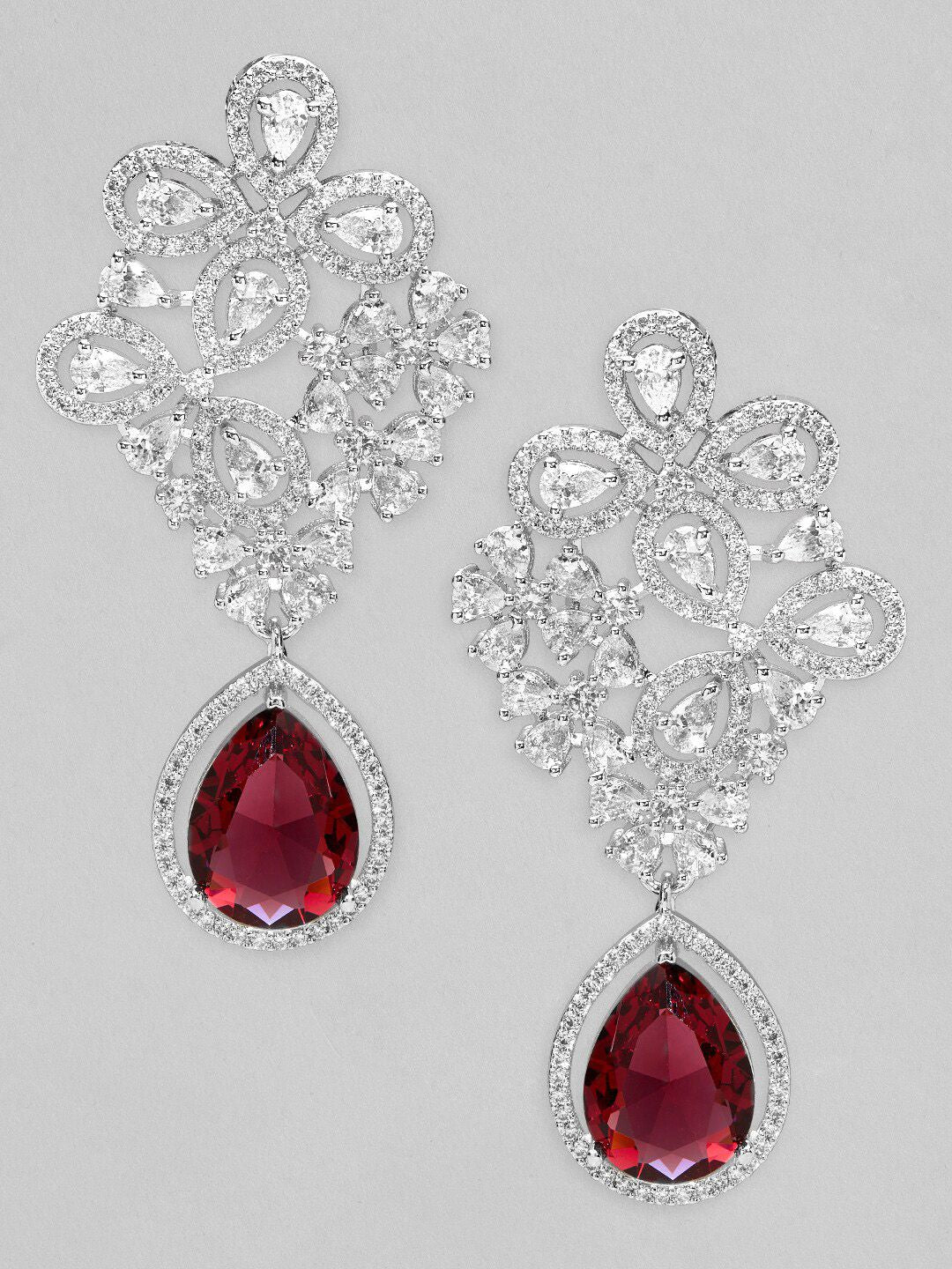 Dhiyona RJ Women's Silver-Toned & Red Classic Drop Earrings