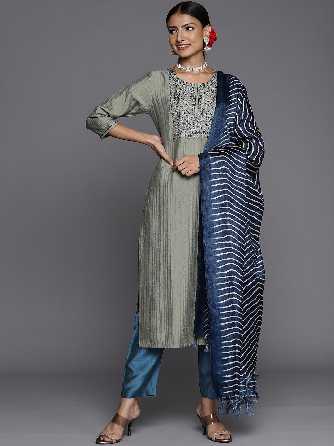 Dhiyona VA Women's Green Floral Yoke Design Kurta with Trousers & With Dupatta
