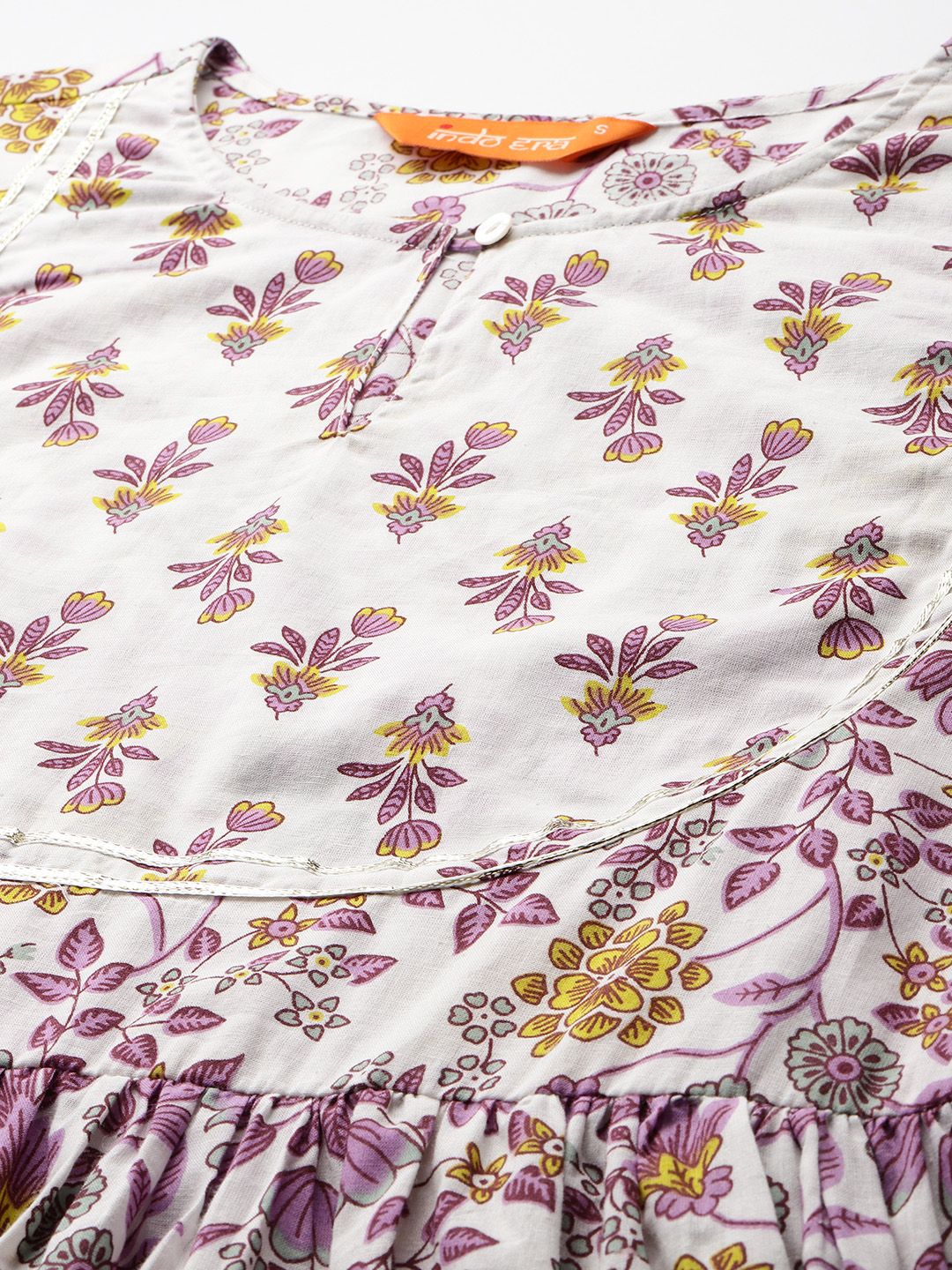 Dhiyona IE Floral Printed Pleated Pure Cotton Kurta with Trousers & Dupatta