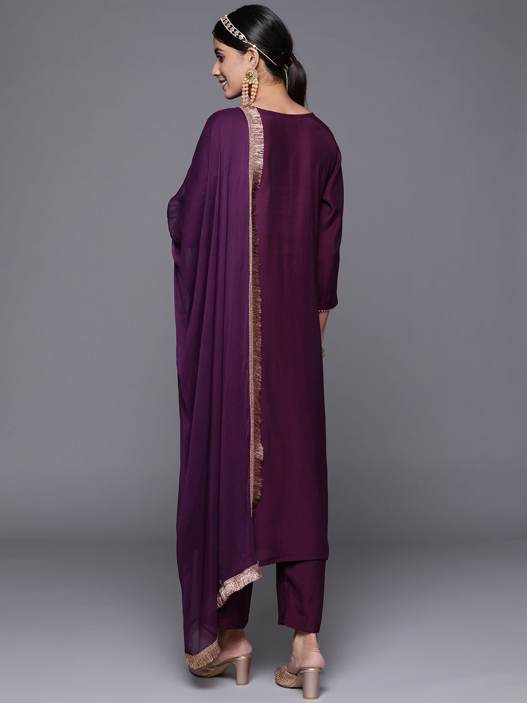 Dhiyona VA Women's Aubergine & Gold Ethnic Embroidered Straight Kurta with Trousers Dupatta