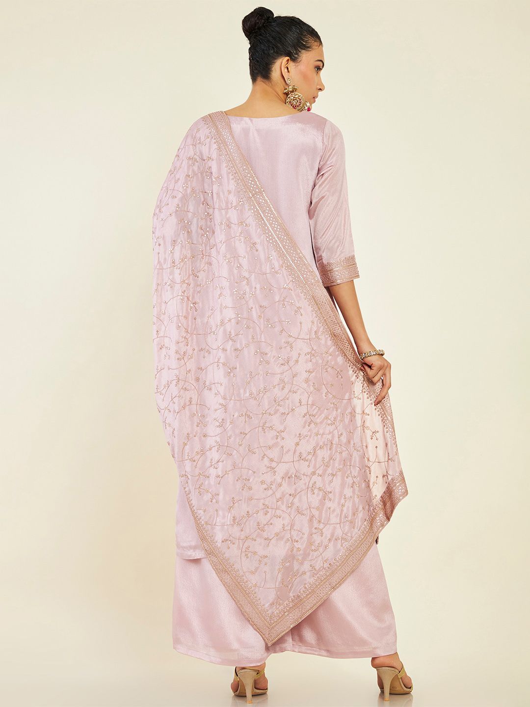Dhiyona SO Women's Ethnic Motif Embroidered Sequinned Pure Wool Kurta with Palazzos & Dupatta