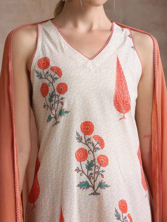 Women's Floral Printed Pure Cotton Straight Kurta with Palazzos & With Dupatta