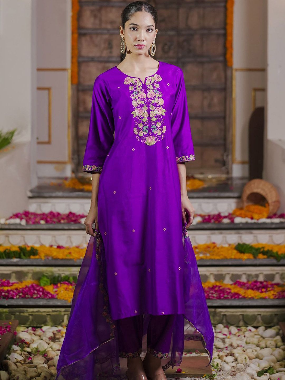 Dhiyona IE Floral Embroidered Sequinned Liva Kurta With Trousers & Dupatta