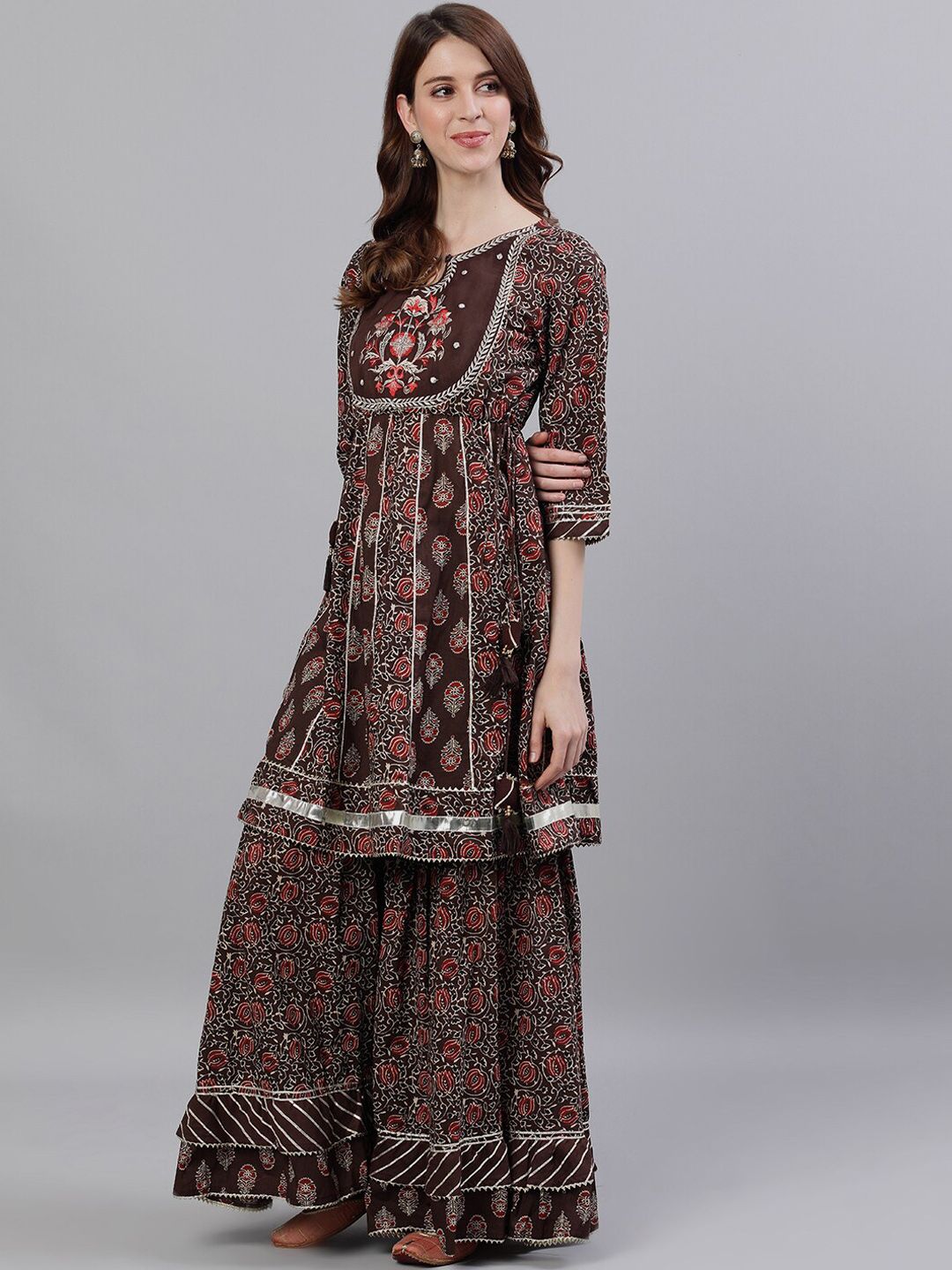 Dhiyona IS Women's Women Brown Embroidered Kurti with Sharara & Dupatta