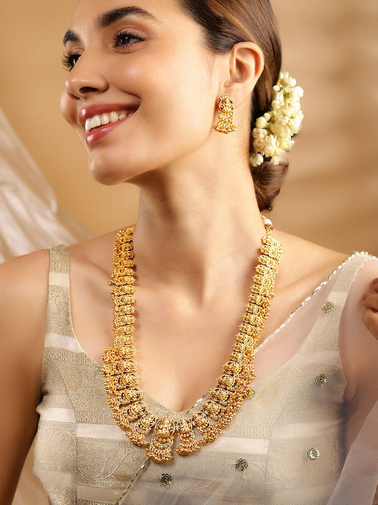 Dhiyona RJ Women's 22K Gold-Plated Divine Lakshmi Motif Temple Jewellery Set with Gold Bead Accents