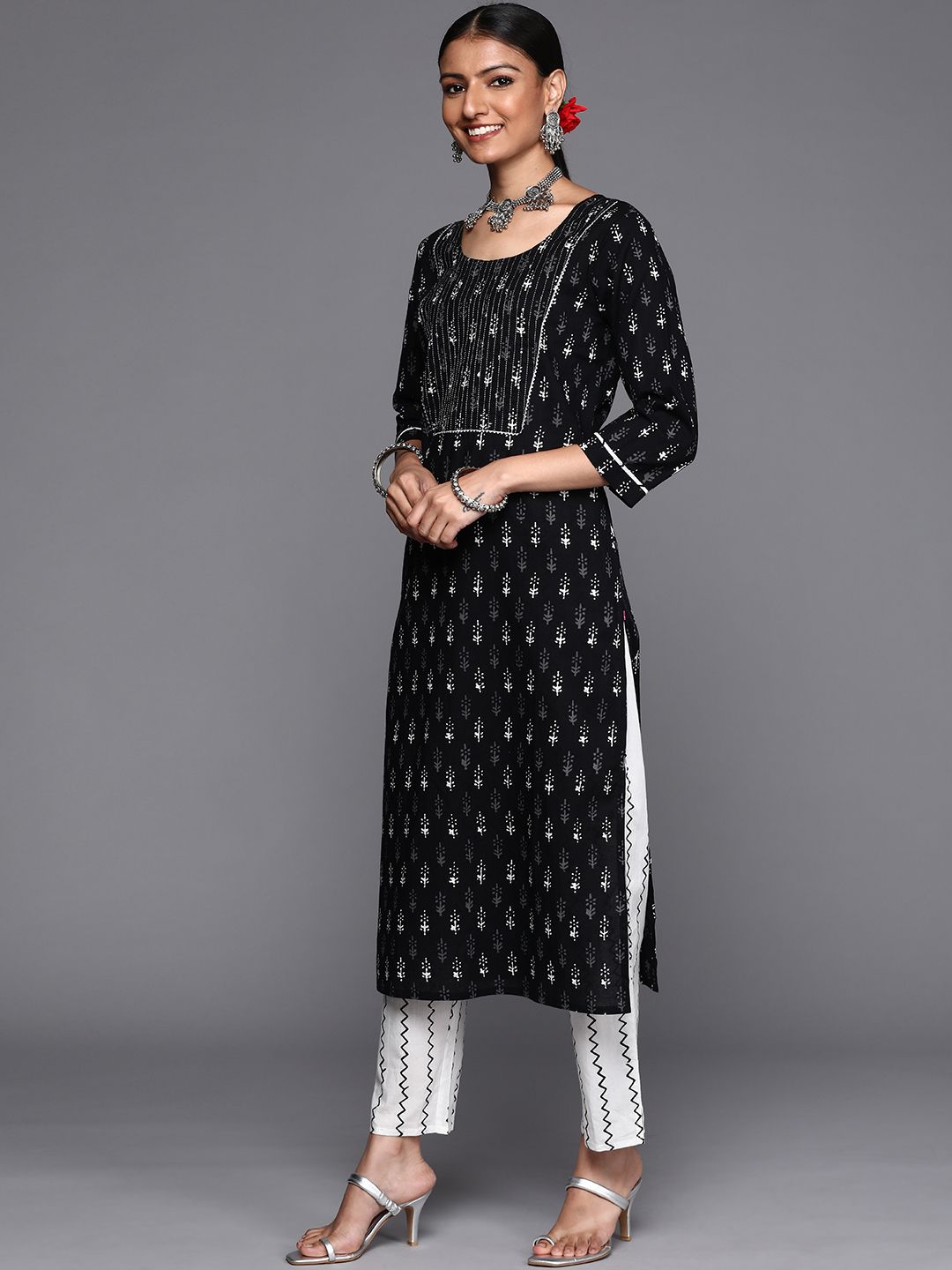 Dhiyona VA Women's Black Ethnic Motifs Printed Pure Cotton Kurta with Trousers & Dupatta