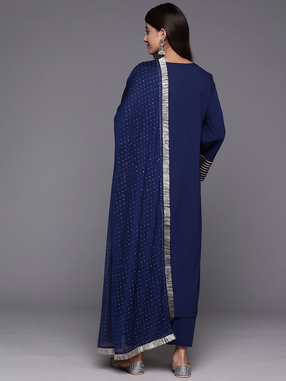Dhiyona VA Women'sNavy Blue V Neck Flared sleeves Kurta with trouser and dupatta