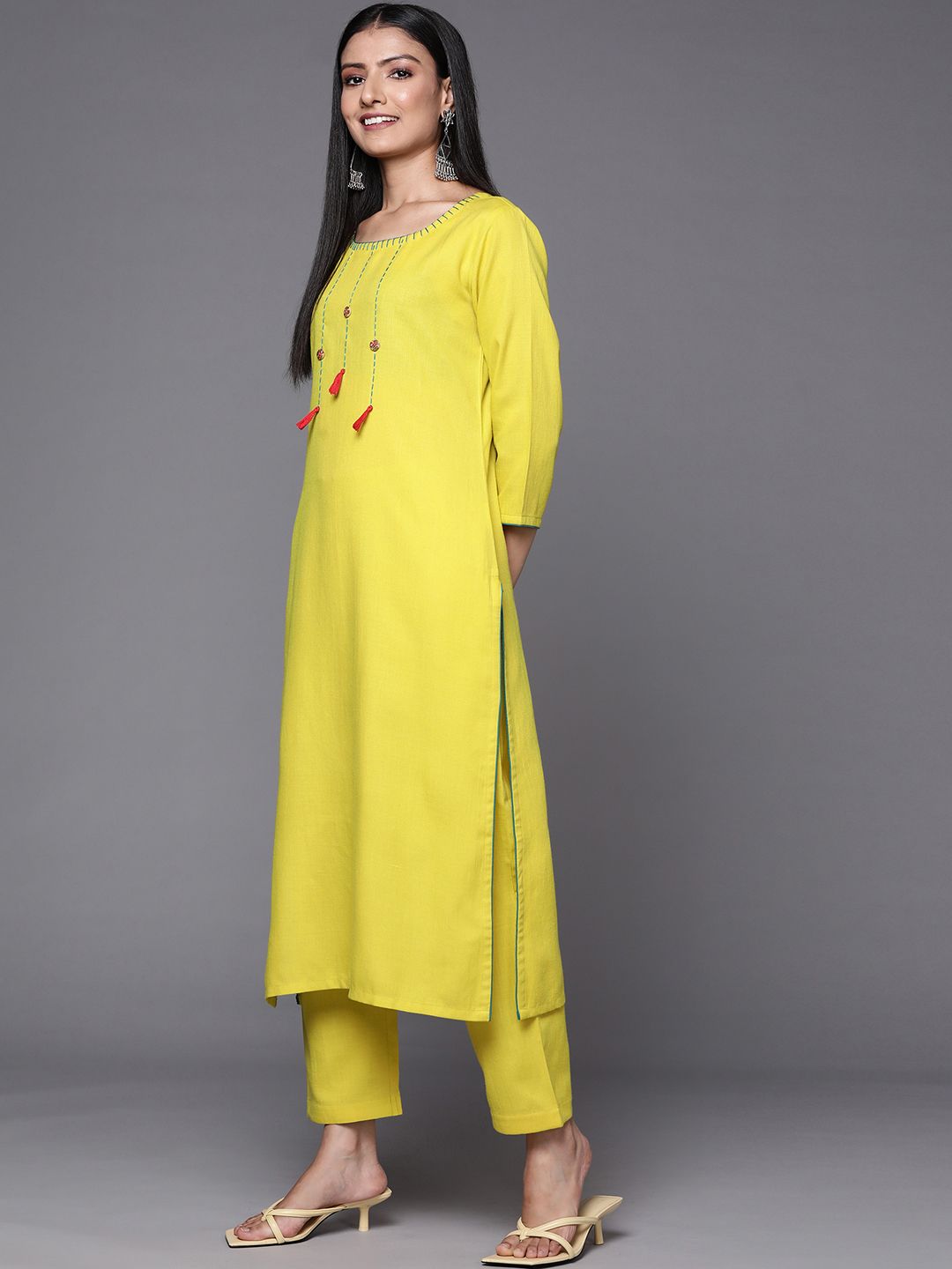 Dhiyona VA Women's Lime Green Yoke Design Thread Work Kurta with Trousers & Dupatta