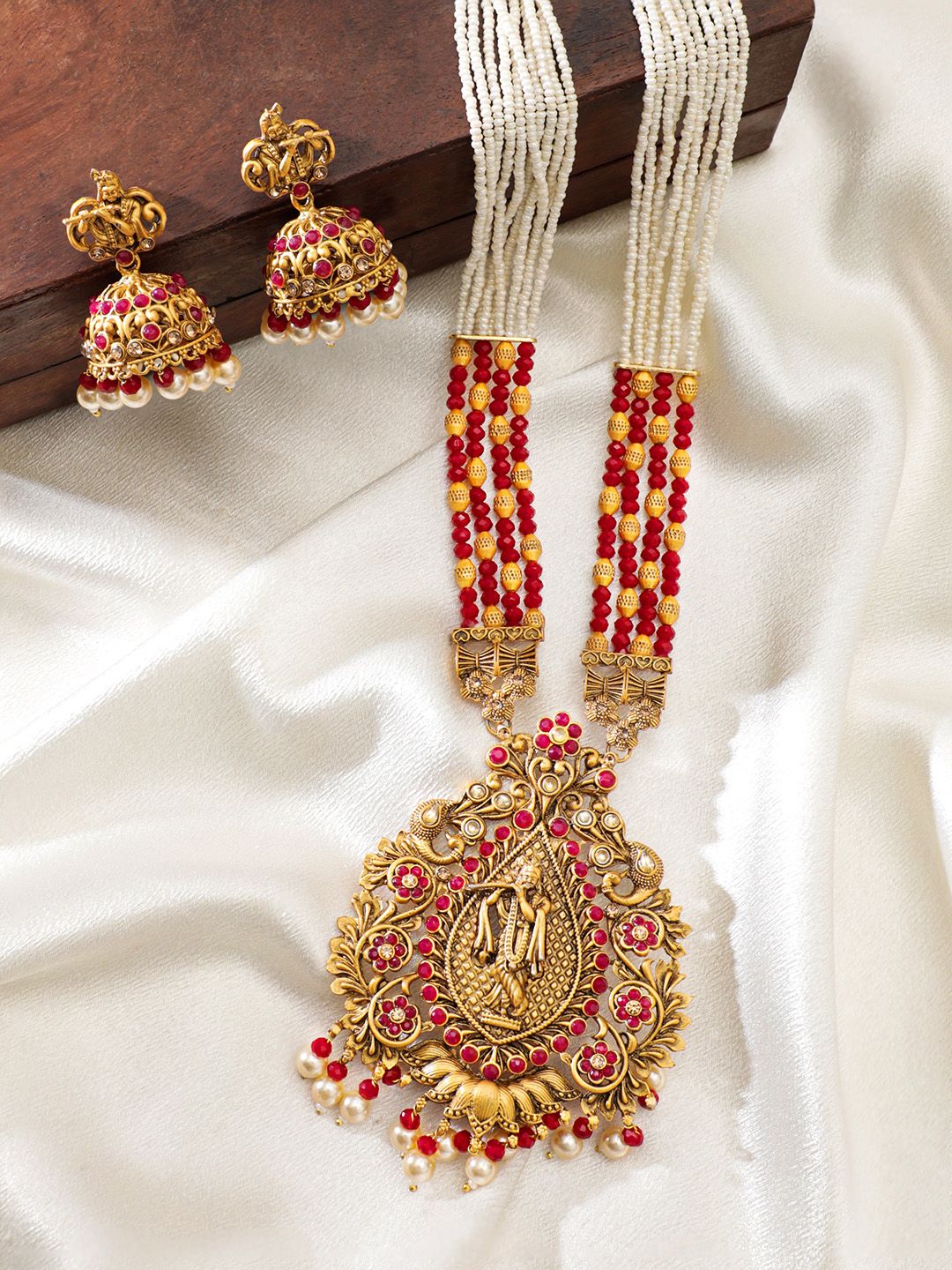 Dhiyona RJ Women's 18K Gold-Plated Red Stone Studded Pearl Beads Divine Krishna Temple Jewellery Set