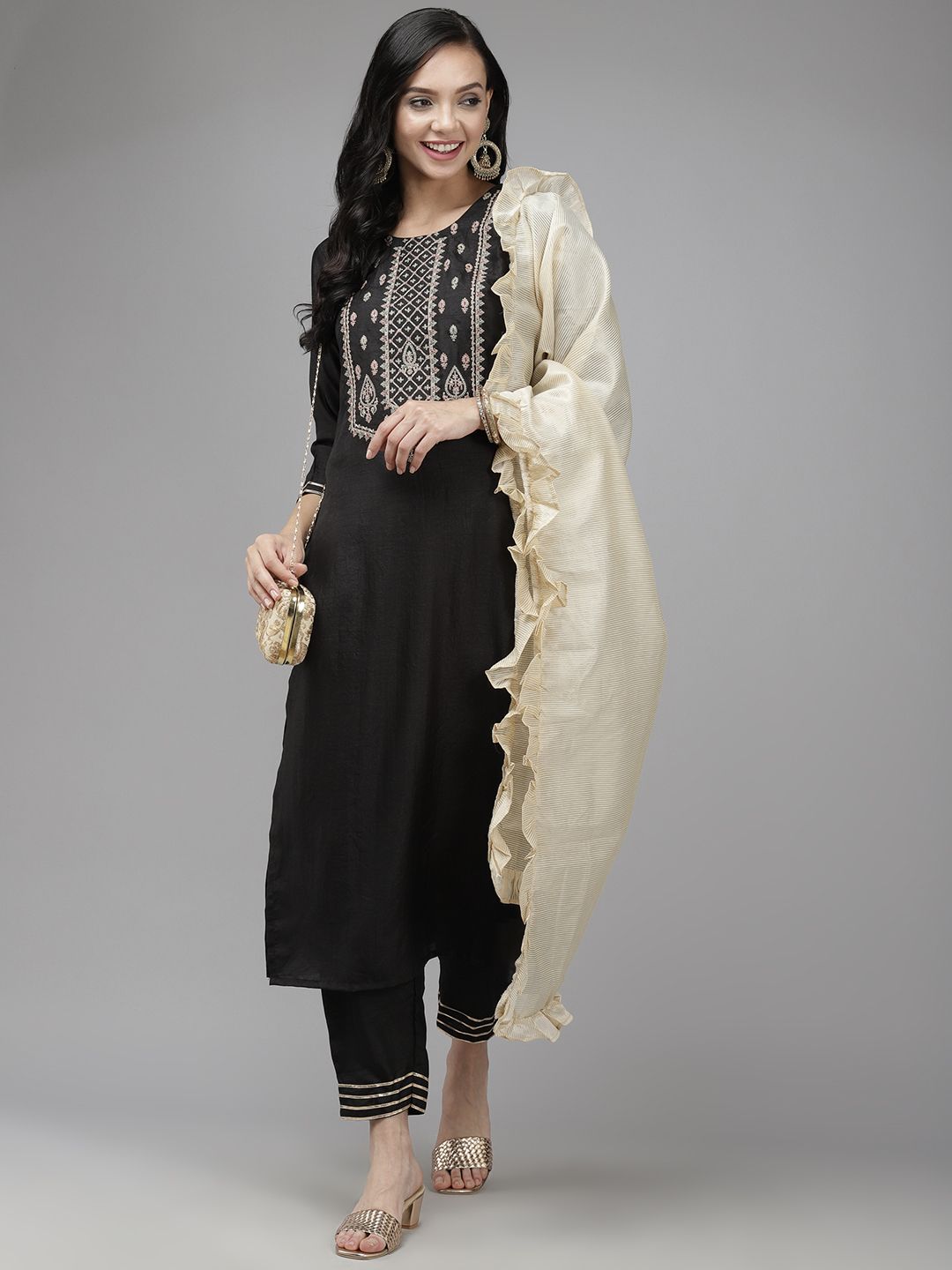 Women Black Yoke Design Regular Liva Kurta with Trousers & Dupatta