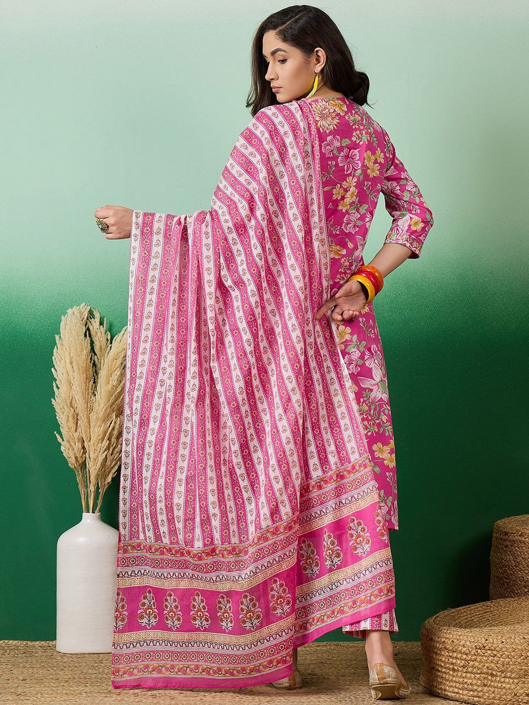 Dhiyona SN Women's Printed Pure Cotton Straight Kurta With Trousers & Dupatta