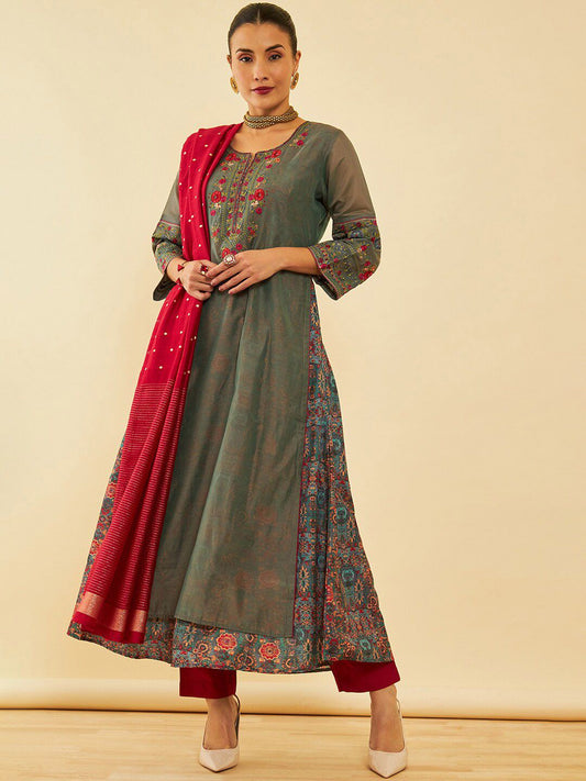 Dhiyona SO Women's Grey Floral Embroidered Layered Thread Work A-Line Kurta With Trousers & Dupatta