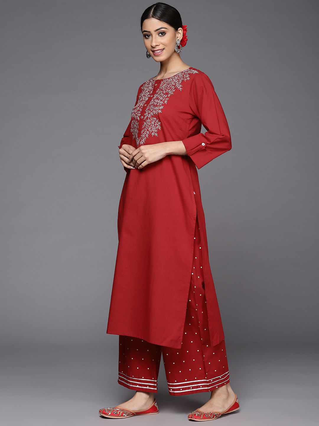 Dhiyona VA Women's Rust Ethnic Motifs Yoke Design Kurta with Palazzos & With Dupatta