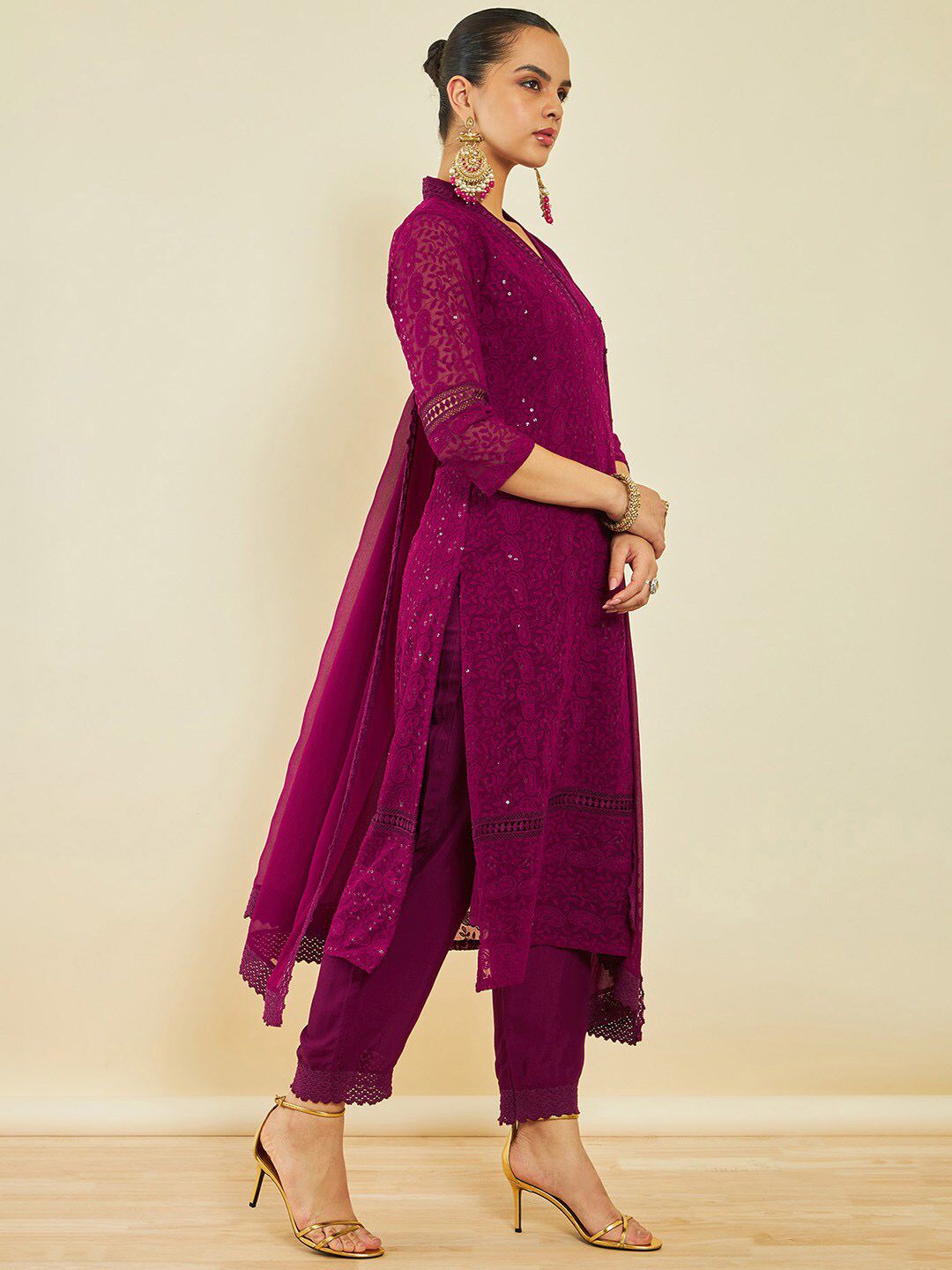 Dhiyona SO Women's Paisley Embroidered Sequinned Kurta With Trousers & Dupatta