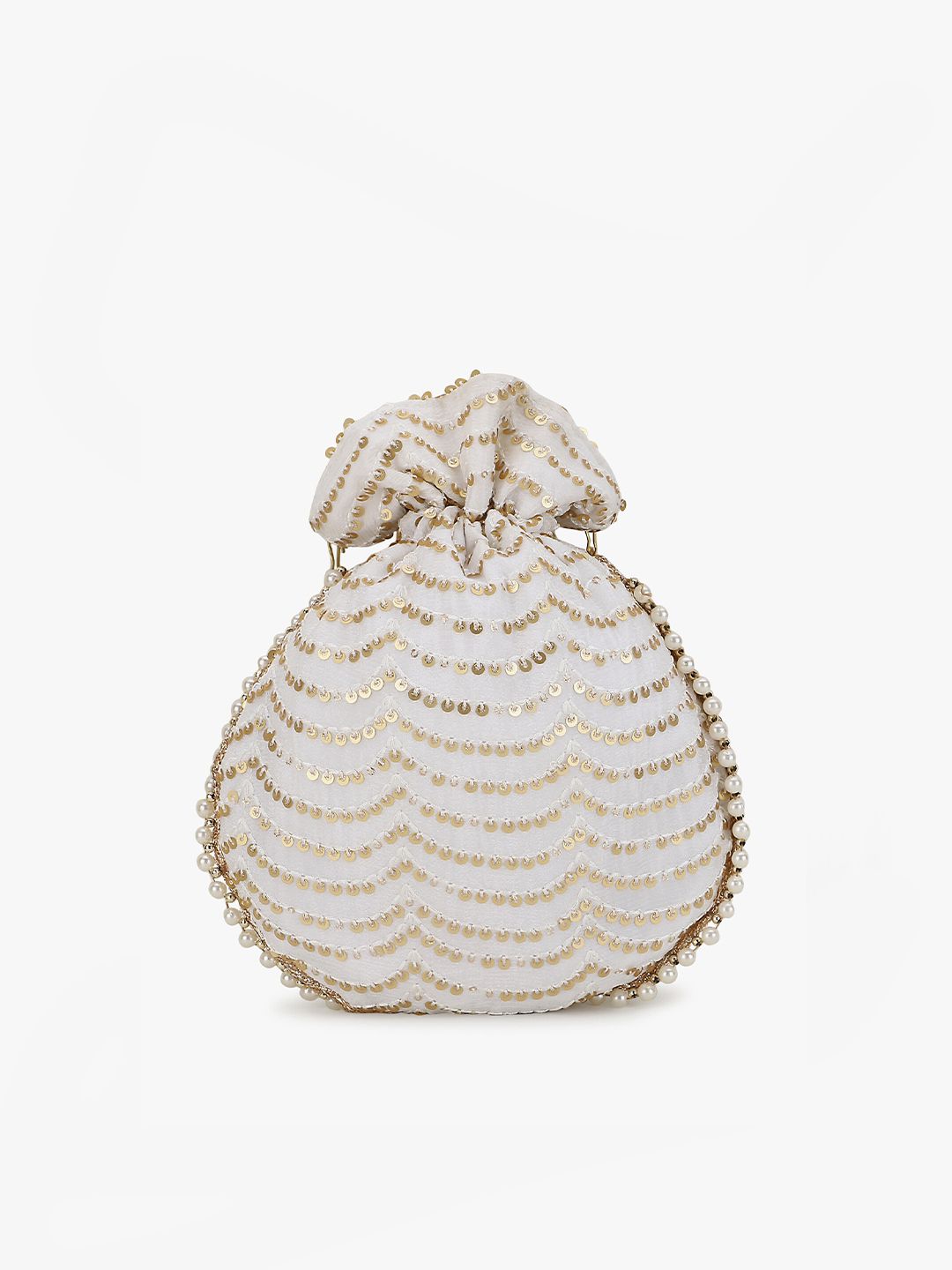 Dhiyona NR Off White & Gold-Toned Embellished Tasselled Potli Clutch