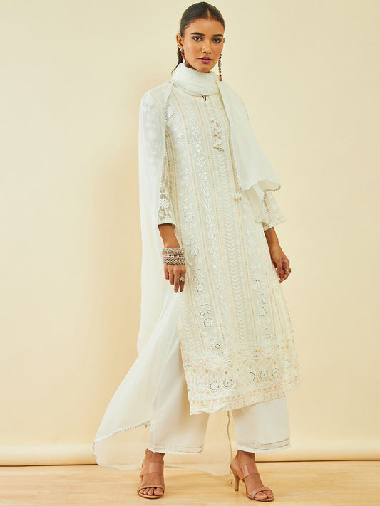 Dhiyona SO Women's Off White Floral Embroidered Georgette Sequinned Kurta with Palazzos & With Dupatta
