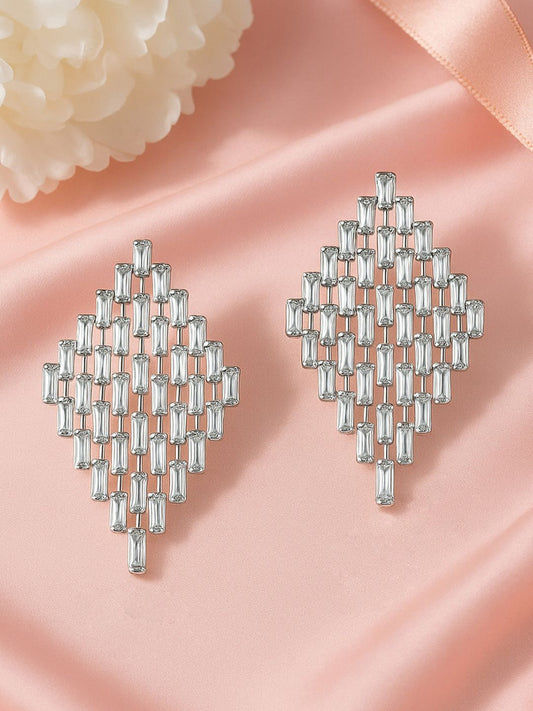 Dhiyona RJ Women's Rhodium-Plated Cubic Zirconia Studded Diamond-Shaped Drop Earrings