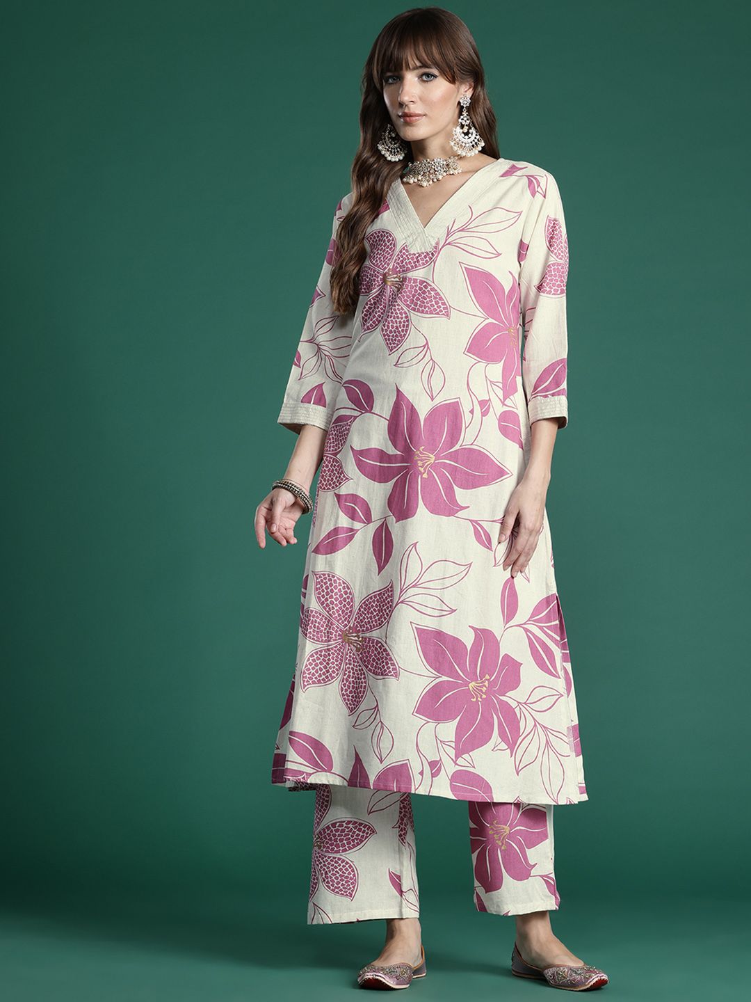 Dhiyona IE Floral Printed Pure Cotton A-Line Kurta with Palazzos