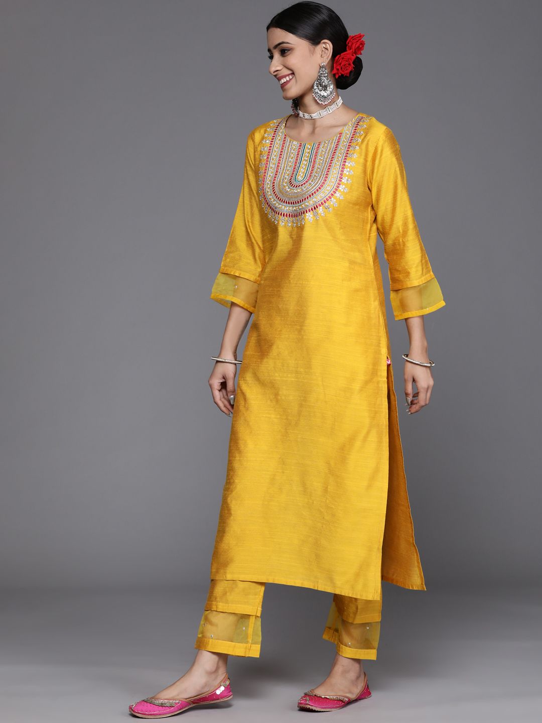 Dhiyona VA Women's Mustard Yellow & Pink Yoke Design Kurta with Trousers & Dupatta