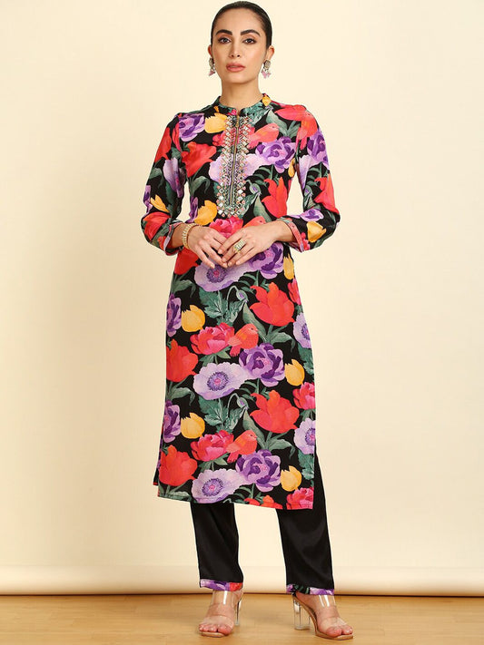 Dhiyona SO Women's Floral Printed Mirror Work Kurta with Trousers & With Dupatta