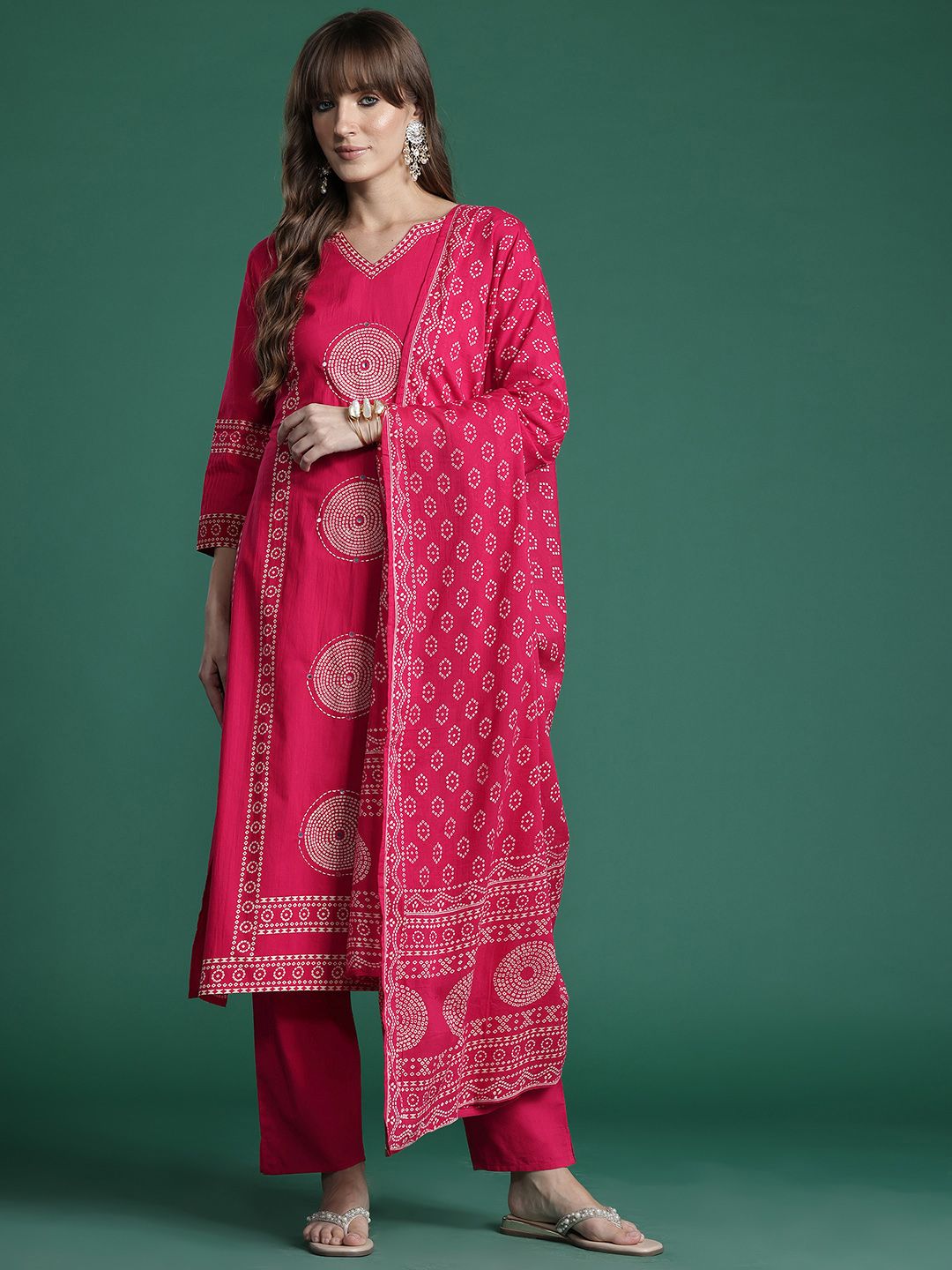Dhiyona IE Ethnic Motifs Printed Panelled Pure Cotton Kurta with Trousers & With Dupatta