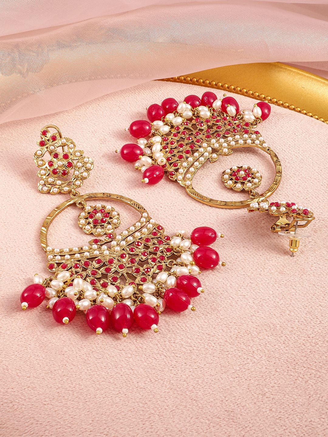 Dhiyona RJ Women's 18K Mehandi Gold-Plated Red Beaded & Pearl Accented Traditional Chandbali Earrings