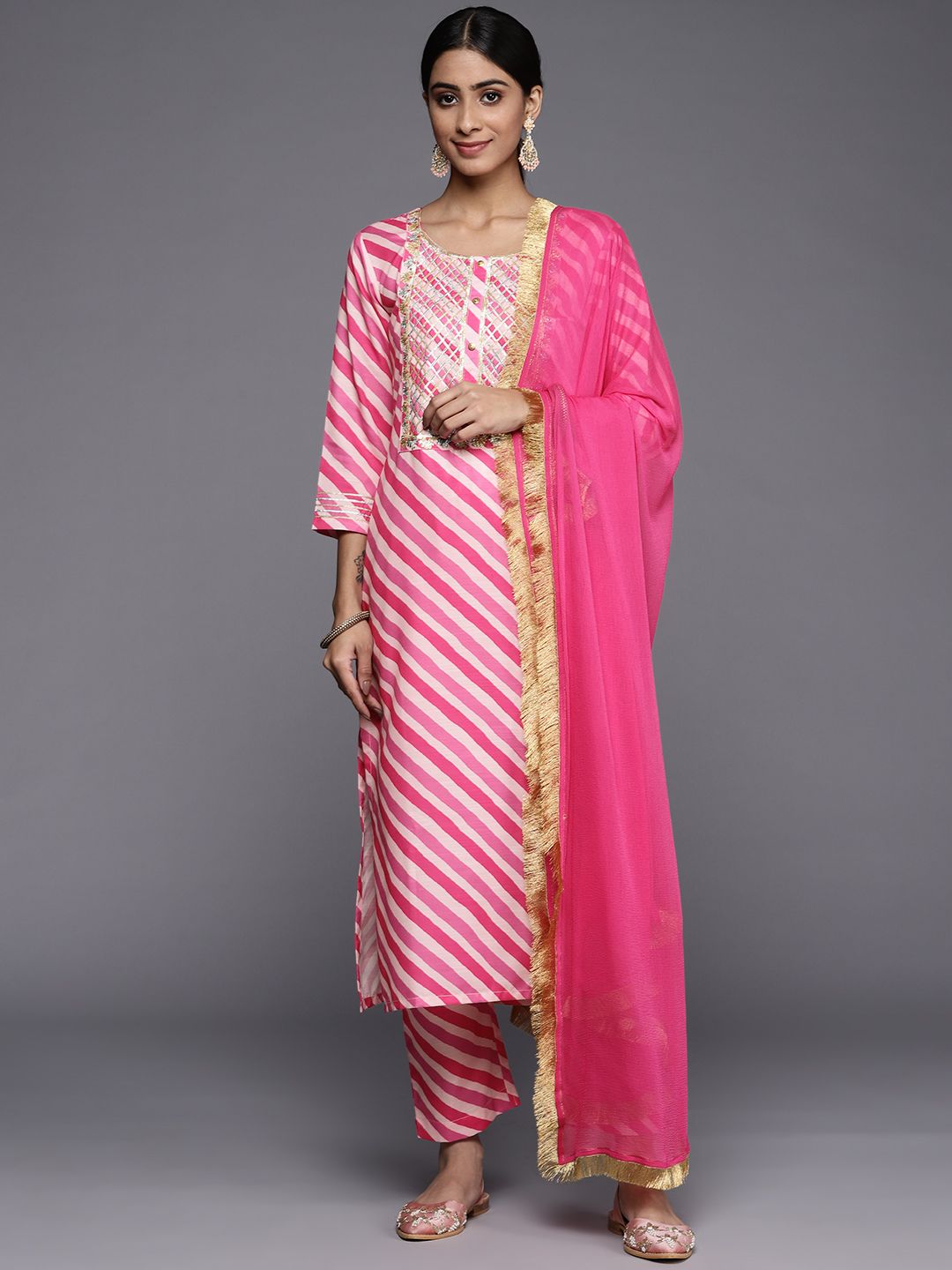 Dhiyona VA Women's Fuchsia Striped Gotta Patti Kurta with Trousers & With Dupatta