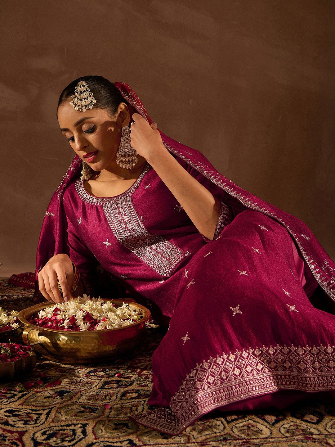 Dhiyona IE Maroon Ethnic Motifs Embroidered Thread Work Kurta with Trousers & Dupatta