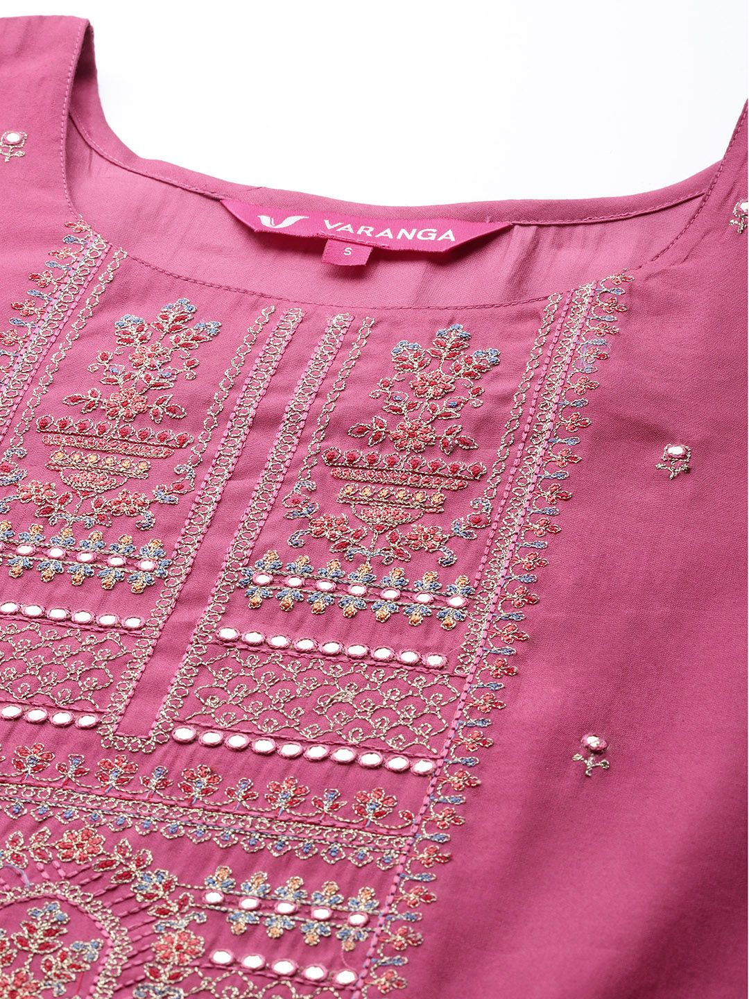 Dhiyona VA Women's Pink Ethnic Motifs Embroidered Silk Crepe Kurta with Trousers & With Dupatta