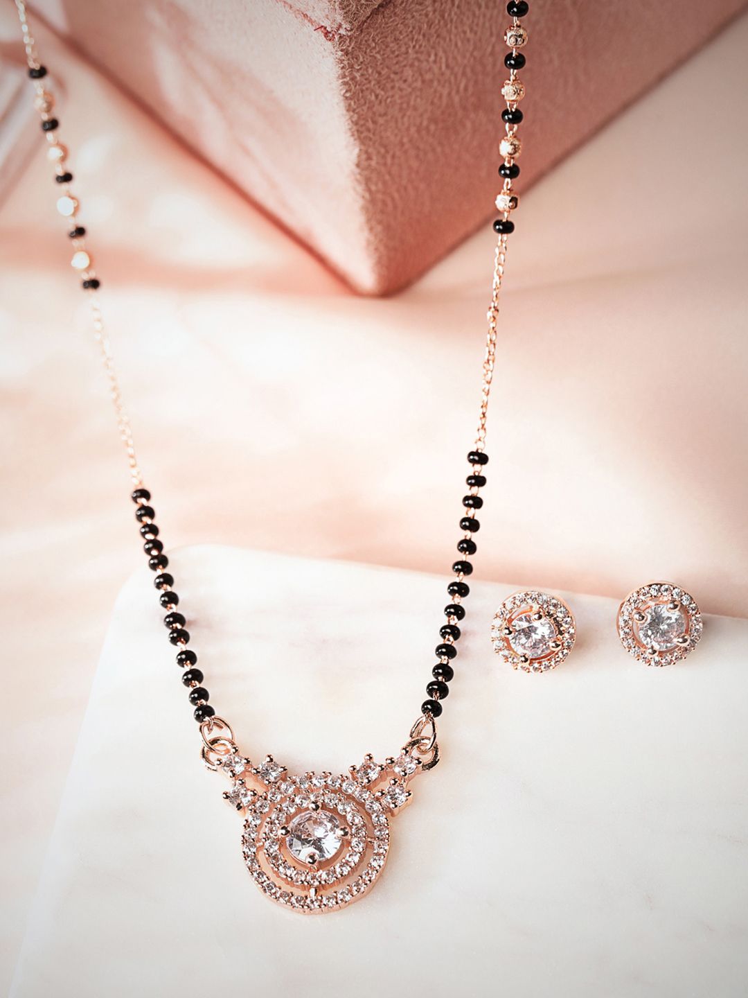 Dhiyona RJ Women's 18K Rose Gold-Plated Cubic Zirconia Studded Mangalsutra Set with Black Beads