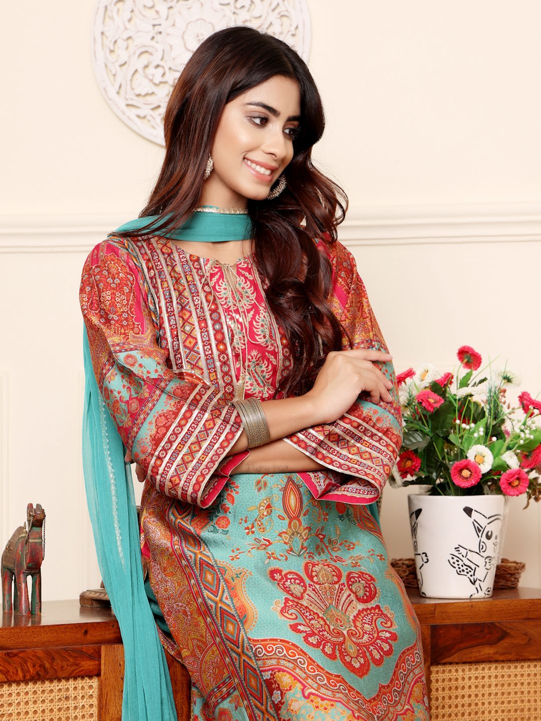 Dhiyona VA Women'sEthnic Motifs Printed Chanderi Silk Kurta With Trousers And Dupatta