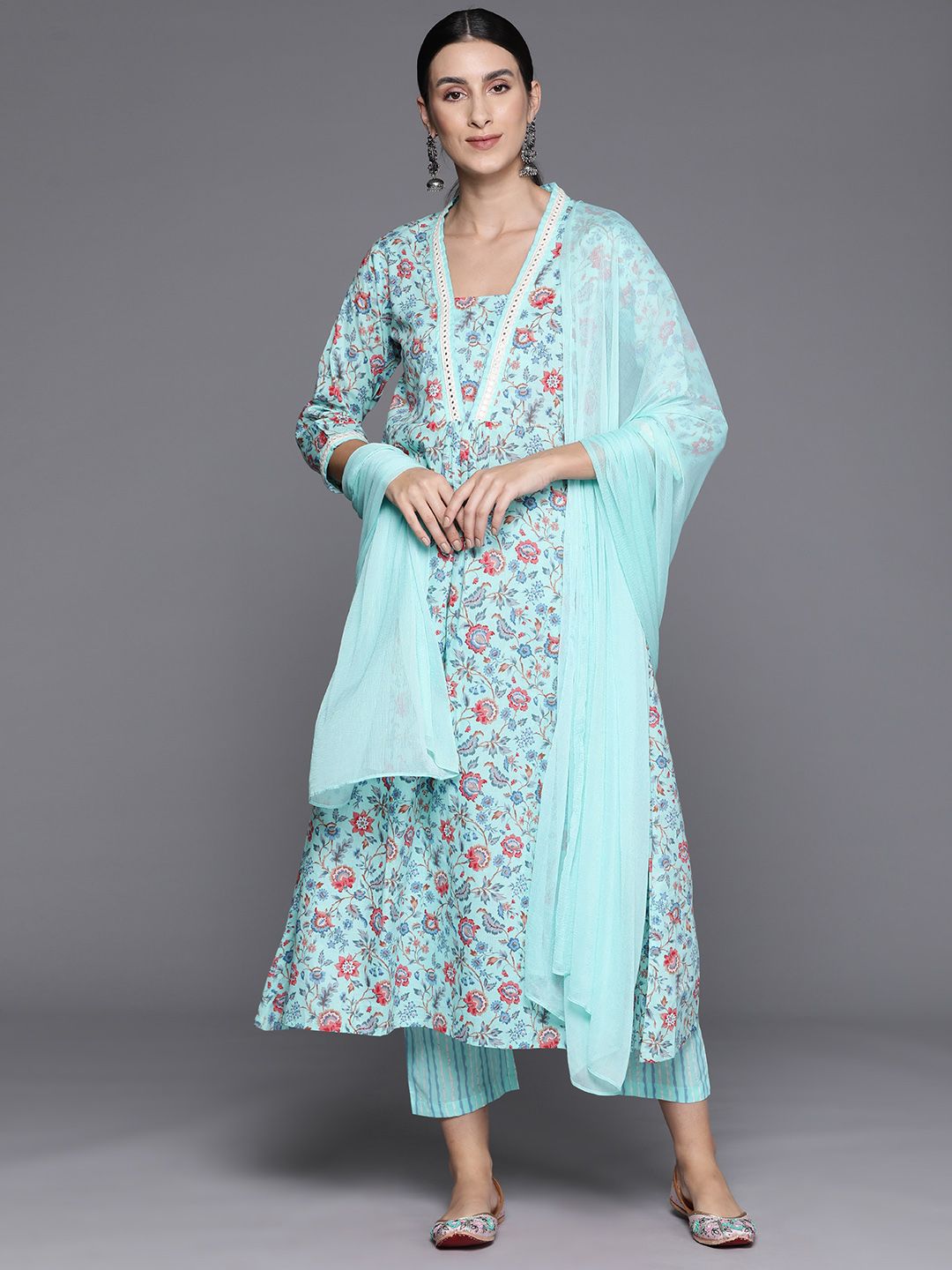 Dhiyona VA Women's Floral Printed Empire Mirror Work Cotton Kurta with Trousers & With Dupatta