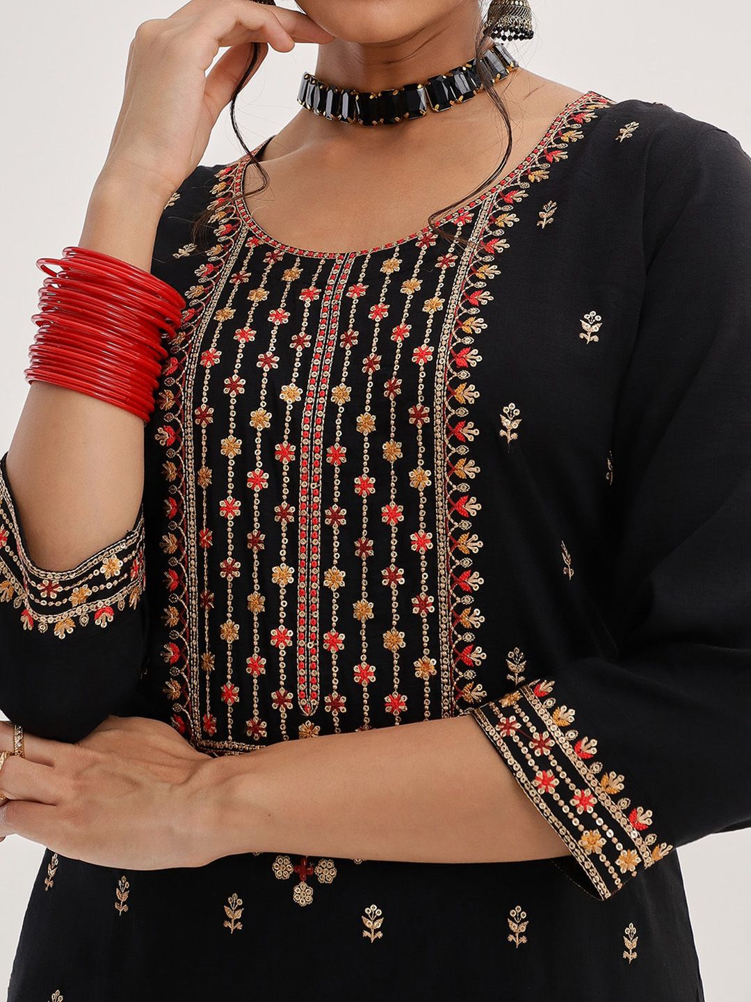 Dhiyona VA Women'sBlack Ethnic Motifs Embroidered Sequinned Straight Kurta & Trousers With Dupatta