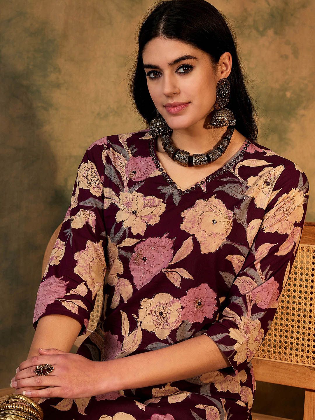 Dhiyona IE Floral Printed V-Neck Cotton Straight Kurta